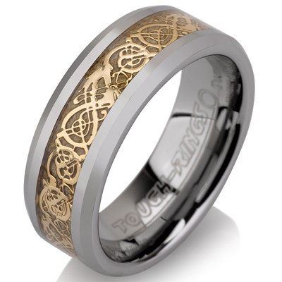 Tungsten wedding bands - polished tungsten ring with delicate gold plated inlay - 8mm