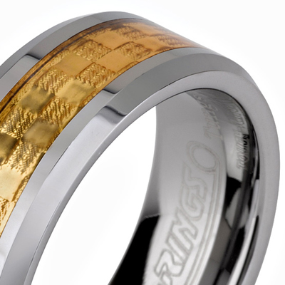 Tungsten wedding bands - polished tungsten ring with gold plated inlay - 8mm