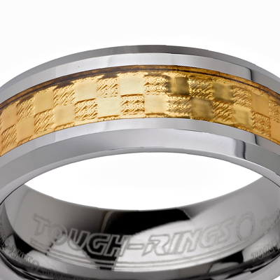 Tungsten wedding bands - polished tungsten ring with gold plated inlay - 8mm